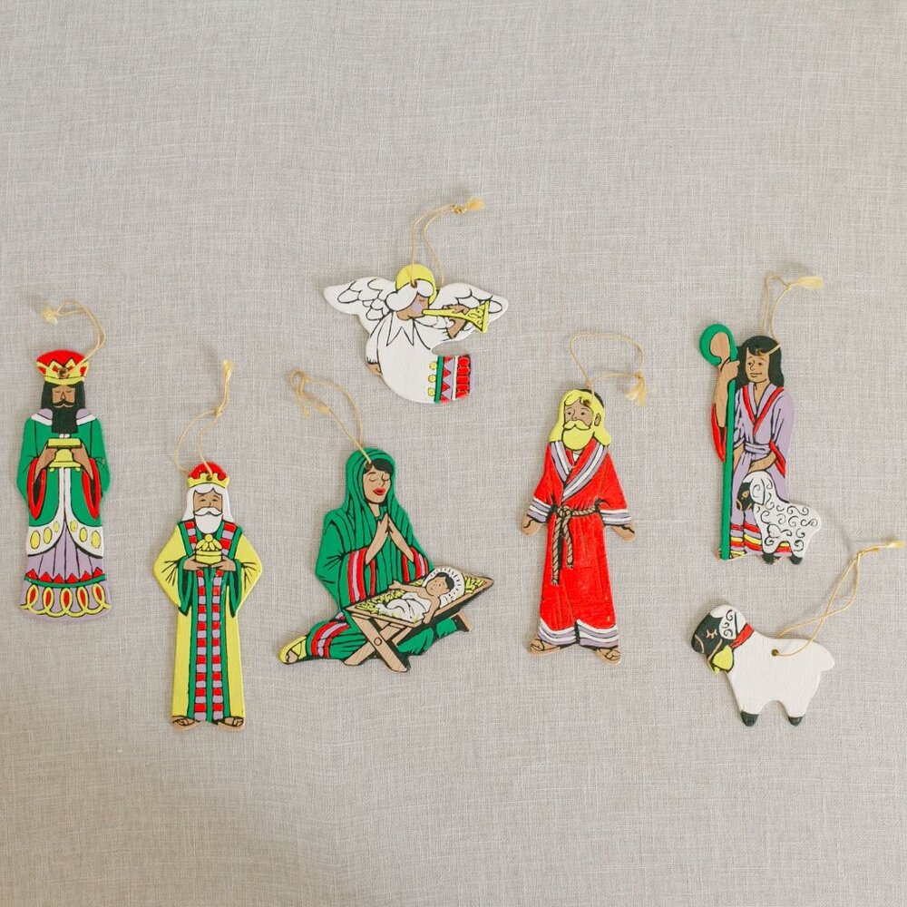 Vintage Nativity Hand Painted Wood Ornaments - Set of 7 with Mary, Jesus + More